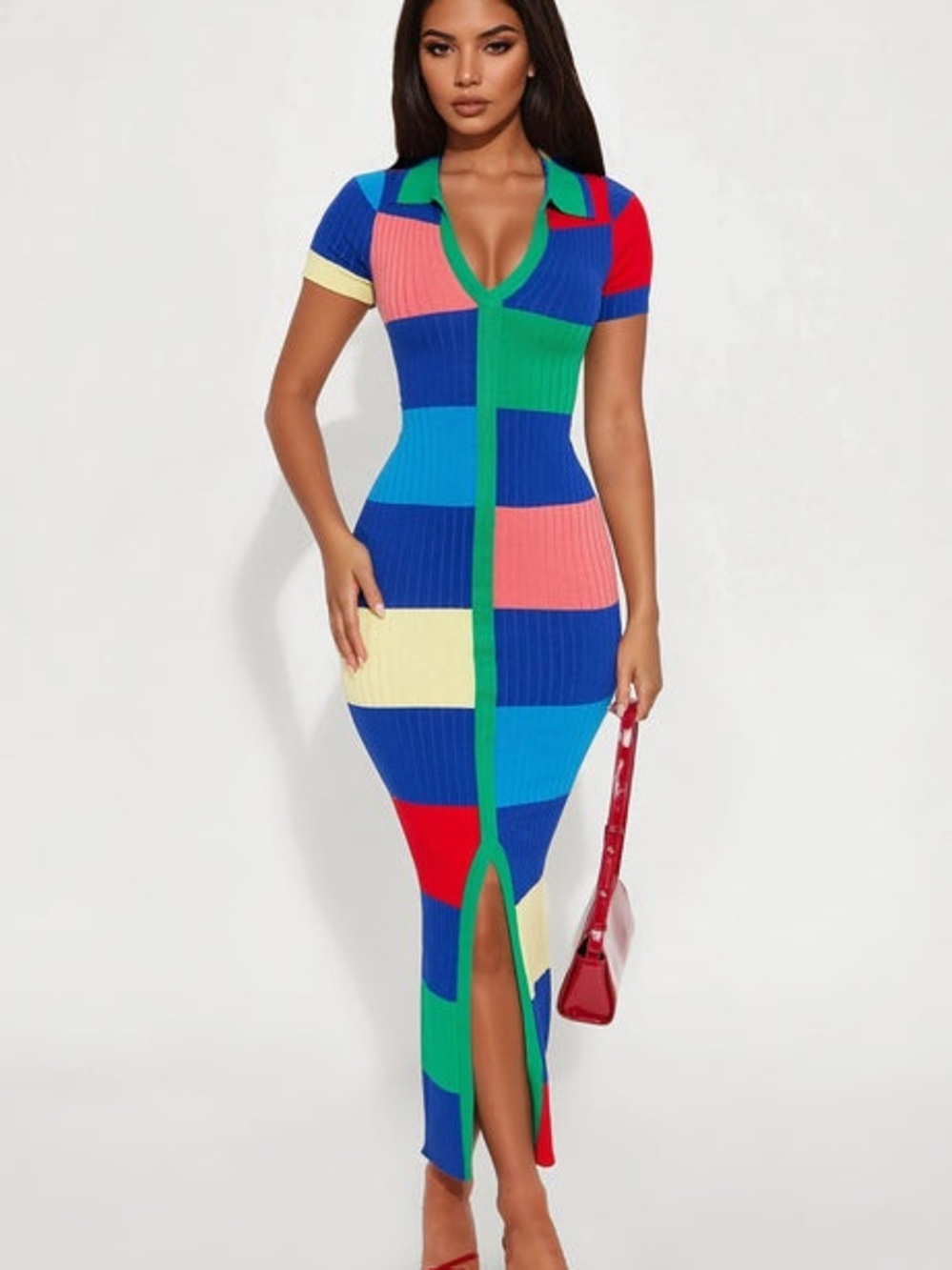 Multicolor Block collared maxi dress